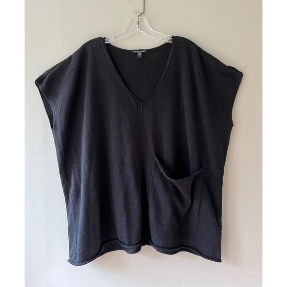 EILEEN FISHER Sz 2X Black Short Sleeve Organic Linen Cotton Boxy Blouse Pocket - Picture 2 of 10